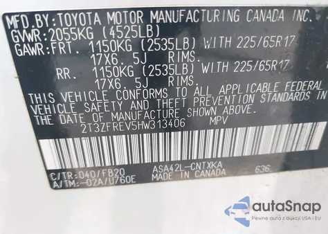 2017 Toyota Rav4 Le из США, поврежденный, VIN 2T3ZFREV5HW313406